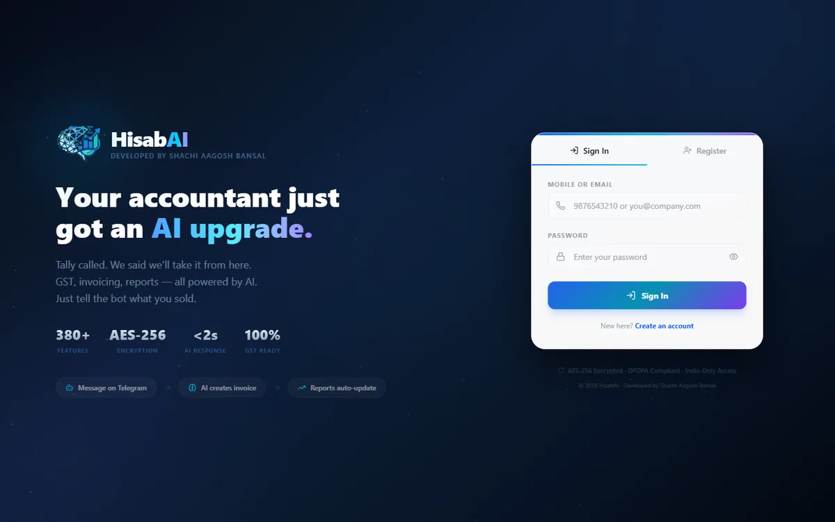 The HisabAI landing page — AI-assisted accounting and GST filing